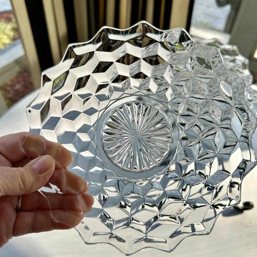 1940’S AMERICAN FOSTORIA, SET/4, 7 3/4” SALAD PLATES. CLEAR, HEAVY PRESSED GLASS